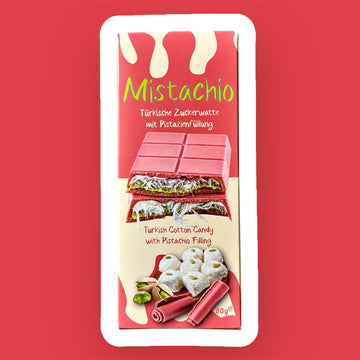 Tablette de Chocolat à la Framboise, Fourrée Barbe à Papa Blanche & Pistache – Importée de Turquie